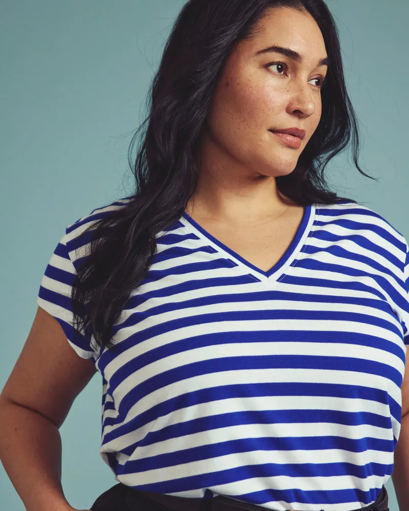 Camiseta Ashley V Neck Cap Sleeve Hammersmith Azul/Branco Listrado - foto 1