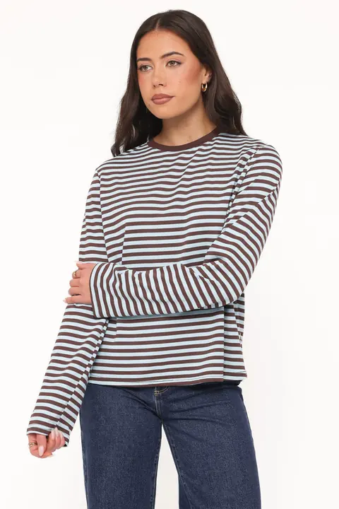 Blusa Manga Longa Ruva Marrom Azul Listrado