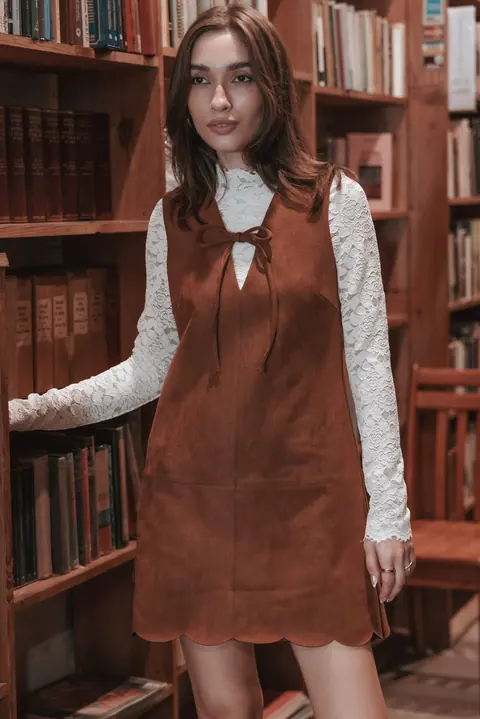 Vestido Curto Jonty Scallop Hem Cobre Caramelo