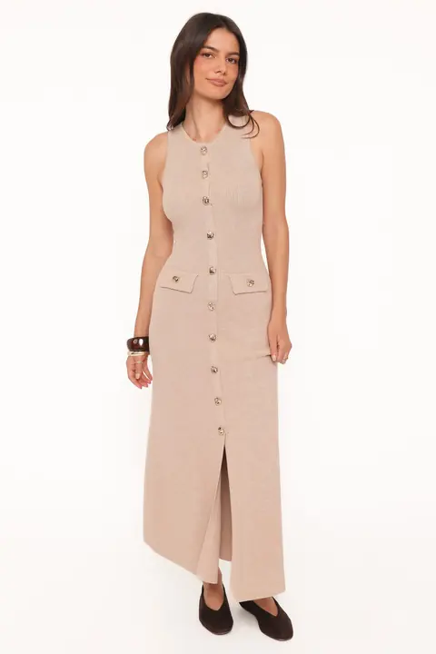 Vestido Tricô Aspen Button Up Oatmeal