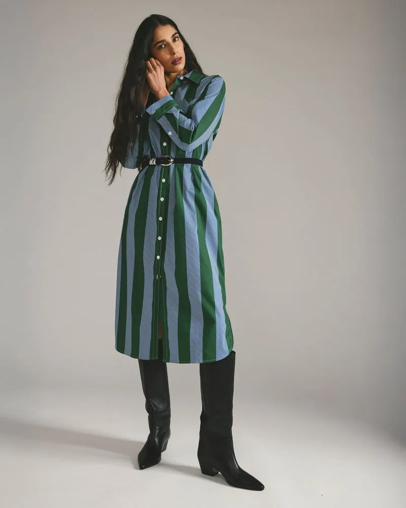 Vestido Chemise Odeon Stretch Poplin Verde/Azul Directional Listrado - foto 1