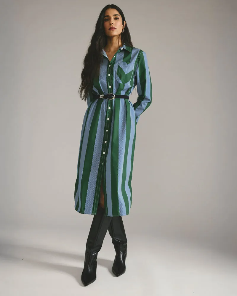 Vestido Chemise Odeon Stretch Poplin Verde/Azul Directional Listrado - foto 3